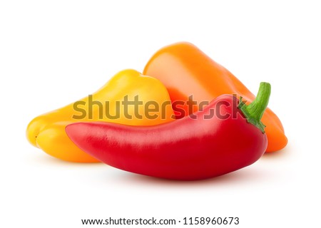 Three mini sweet peppers, red, yellow, orange, isolated on a white background, clipping path