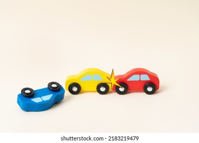 Three Mini Toy Car Crash. Ambulance And Police Car On The Way With Help. Car Incident, To Fast Driving.