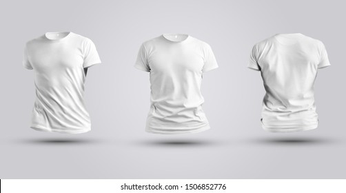 Three mockups of white realistic 3d t-shirt isolated on white background. Men's clothing template for design presentation. - Shutterstock ID 1506852776
