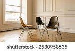 Three modern chairs in a minimalist room. Minimal room with three chairs . Empty chairs in the room. Job opportunity, job positions and recruitment concept. Empty modern chairs in minimal room