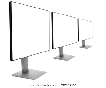 Three Monitors In A Row, Isolation On A White Background