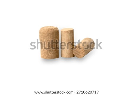 Three natural wine corks isolated on white. Includes sparkling mushroom shape and standard cylinder stoppers for winemaking and tasting concepts.