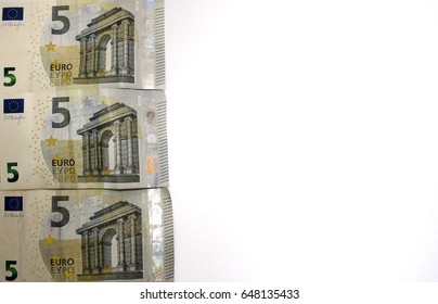 three notes of five dollars, placed in the left margin on white background.