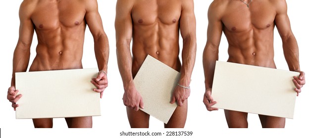 Three nude muscular men covering with copy space blank signs isolated on white 