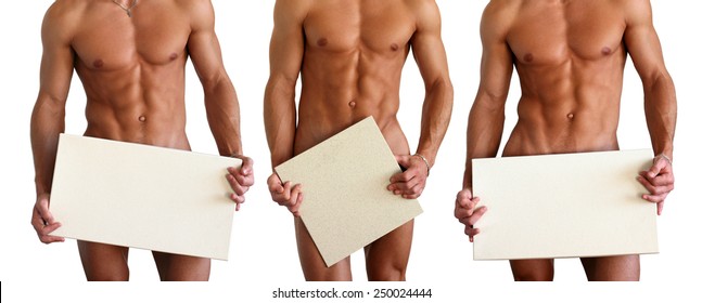 Three nude muscular men covering with copy space blank signs isolated on white 