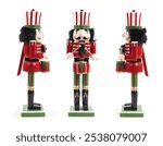 Three Nutcracker playing the drums. Group of vintage nutcracker soldier side by side. Retro Christmas deco or new years decoration. Symbolizing strength and power. Selective focus. White background.