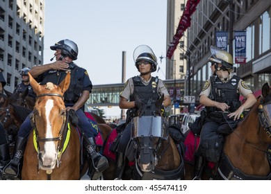 Three Officers On Horses At Republican National Convention / Three Officers On Horses At Republican National Convention / Cleveland OH, USA - July 19, 2016: