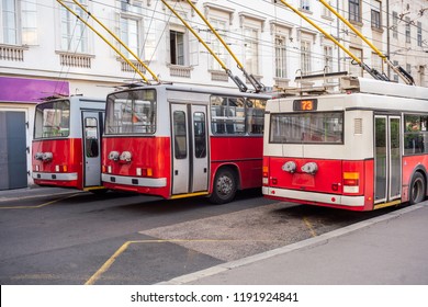 Three old articulated trolleybuses in the center of Budapest, Hungary