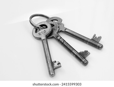 three old flat keys on a white background
