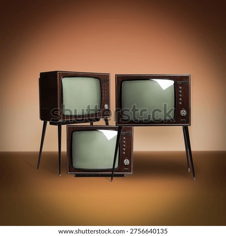 Three old TV sets on floor against brown gradient background