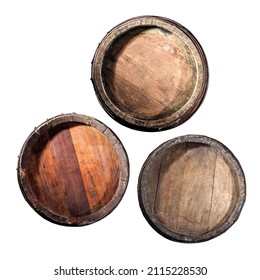 Three Old Vintage Wine Barrels, Top View