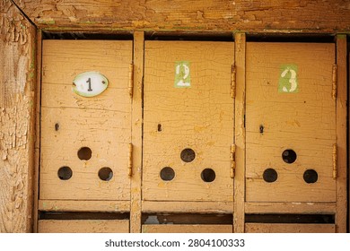 Three old wooden mailboxes, numbered one, two, and three, feature circular mail slots and are mounted on a weathered wooden wall with peeling paint