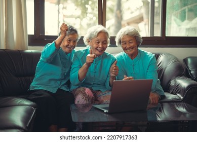 Three Older Asian Woman Sitting On Sofa Using Laptop Teleconference With Family. 