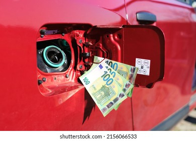 Three One Hundred Euro Notes Attached To An Open Fuel Tank, Symbol For Rising Fuel Price 