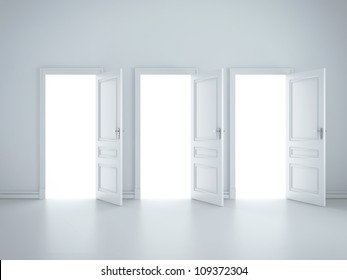 Three Open Doors In White Room