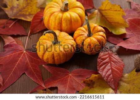 Three orange and yellow pumpkins of different sizes on a wooden background with fallen yellow and red tree leaves, autumnal setting