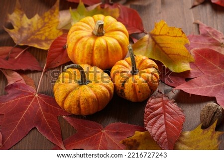 Three orange and yellow pumpkins of different sizes on a wooden background with fallen yellow and red tree leaves, autumnal setting
