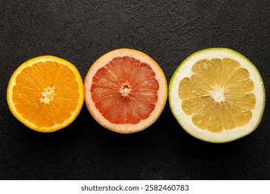 Three oranges are cut in half and placed on a black surface