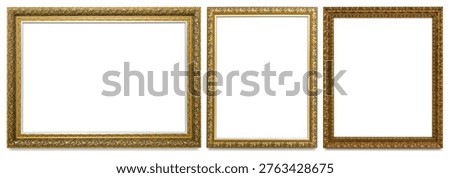 Three ornate, empty gold frames of varying sizes and designs against a white background, showcasing intricate detailing and classic elegance.