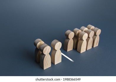 Three out of ten people separated by a line. Visualization of statistical data. 30% of 100%. Polls test results. Equality in numbers. Dividing people into two groups. Market segmentation