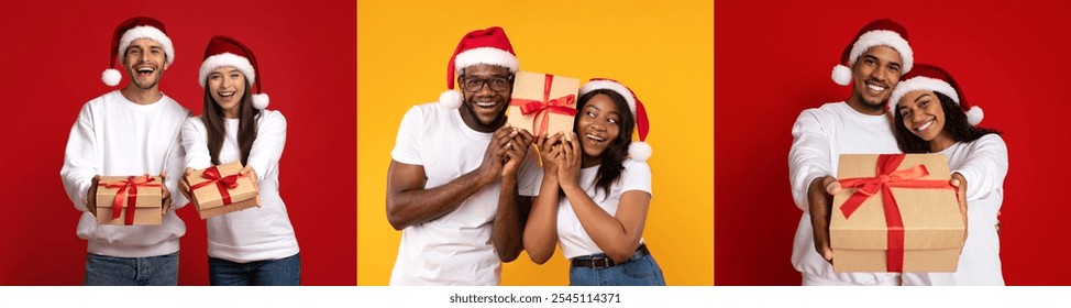 Three pairs of friends are happily exchanging gifts while wearing Santa hats. The vibrant background colors enhance the festive atmosphere, capturing a joyful holiday spirit. - Powered by Shutterstock