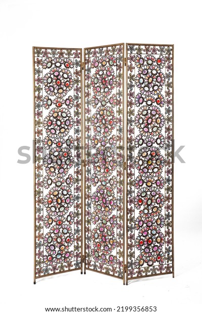 Three part\
romantic transparent bronze folding screen with colourful glass\
pearls isolated on white\
background