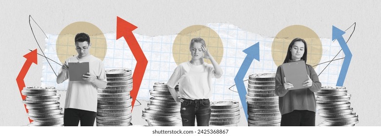 Three people analyzing financial data against background with rising and falling arrows and coins stacks backdrop. Concept of business development, marketing, strategy planning. Ad