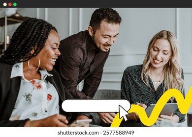 Three people collaborating, smiling, and using digital devices. Teamwork and technology in a diverse group setting, fostering creativity and connection. Marketing meeting and planning process.