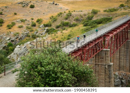 Three people cycling the Otago Central Rail Trail on the Poolburn Viaduct, South Island, New Zealand