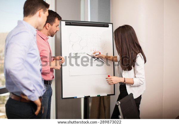 Three people drawing and analysis some data together on a flipboard at