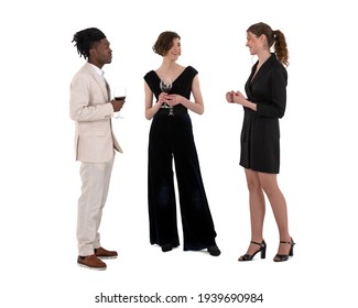 Three People At A Fancy Party Standing And Talking And Drinking Wine Isolated On White Background