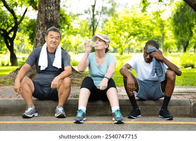 Three people resting after exercise in a park. An Asian man, a white woman, and a Black man sit on a curb, cooling down with towels and water. Healthy diverse seniors exercising together at the park. - Powered by Shutterstock