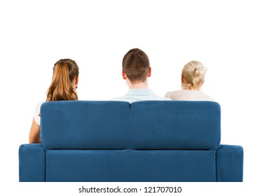 Three People Sitting On A Sofa Back, White Background