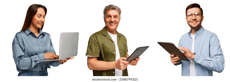 Three people using laptops and tablets while smiling in a bright, studio setting