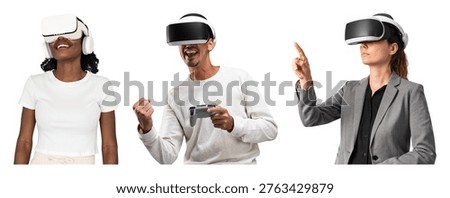Three people using VR headsets: a woman in a white shirt, a man with a controller, and a woman in a suit, all engaging with virtual reality.