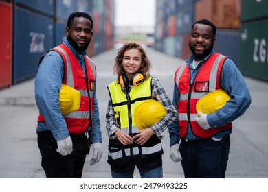 Three people wearing safety gear and holding hard hats. One of them is smiling. The scene is set in a warehouse or construction site - Powered by Shutterstock