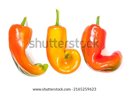 Three peppers isolated on a white background, ugly peppers closeup, concept of ugly vegetables, funny peppers, unusual shaped peppers, organic food