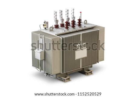 Three phase (2500 kVA) corrugated fin hermetically sealed type oil immersed transformer equipped with DGPT (Detection of Gas, Pressure and Temperature), isolated on white background with clipping path