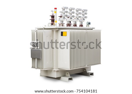 Three phase (800 kVA) corrugated fin hermetically sealed type oil immersed transformer, isolated on white background with clipping path