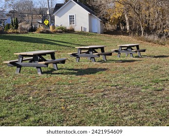 Three picnic tables lined up across a lawn. - Powered by Shutterstock