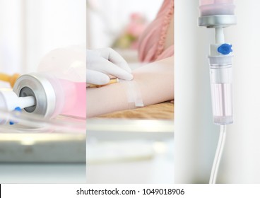 Three Picture of Pink Beauty Vitamin IV Drip at Clinic with Warm Tone in Medical Concept