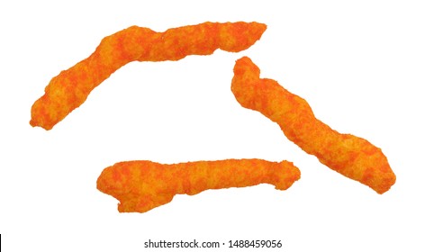 Three Pieces Of Cheese Doodle Snack Food Isolated On A White Background.