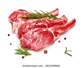 Three pieces of mutton meat with herbs and mixed peppers isolated on white background. Mutton steaks with rosemary. - Powered by Shutterstock