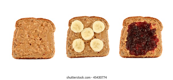 Three Pieces Of Toasted Bread With Crunchy Peanut Butter On Whole Wheat Toast Topped With Banana Slices Or Raspberry Jam, Isolated On A White Background