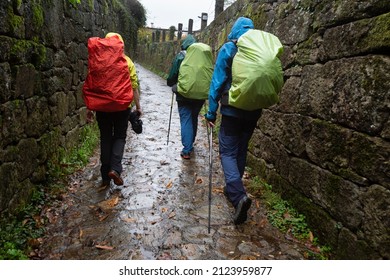 Three pilgrims walk in the rain on the Portuguese Camino de Santiago in Aldea Cambelas, Padron