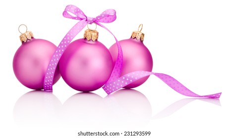 Three pink Christmas ball with ribbon bow Isolated on white background
