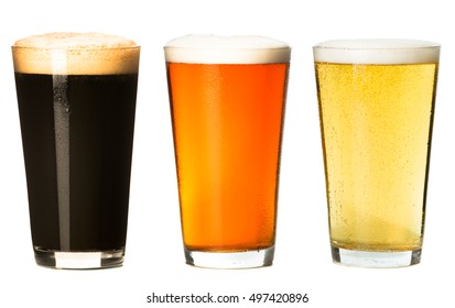 Three pints of craft beer stout ale pilsner lager isolated on white background