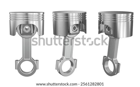 Three pistons. Car engine piston isolated sign or motorcycle piston. Engine piston and connecting rod. 3d illustration