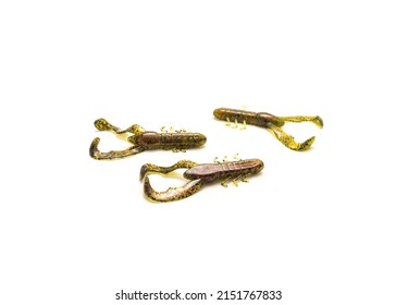 Three Plastic Crawfish Lures In Watermelon With Red Flake Color For Flipping And Pitching Bait Bass Fishing Isolated On White Background. Compact Craw Swims And Flails To Simulate Crawdad Or Baitfish