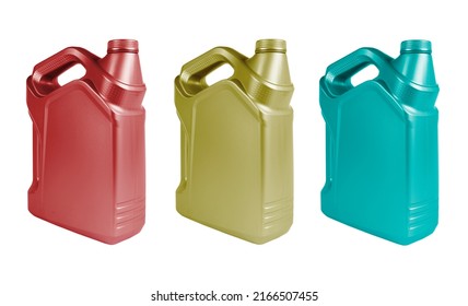 Three plastic oil canister isolated on white background. Storage Tank. Canister for gasoline, diesel and gas. Red, yellow and blue plastic canister for technical liquids
